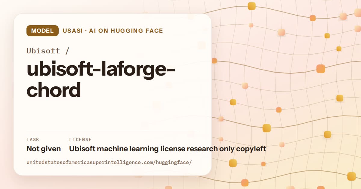 Generated amber wave-lattice artwork for the model Ubisoft/ubisoft-laforge-chord, labeled USASI · AI on Hugging Face, with Task: Not given · License: Ubisoft machine learning license research only copyleft.