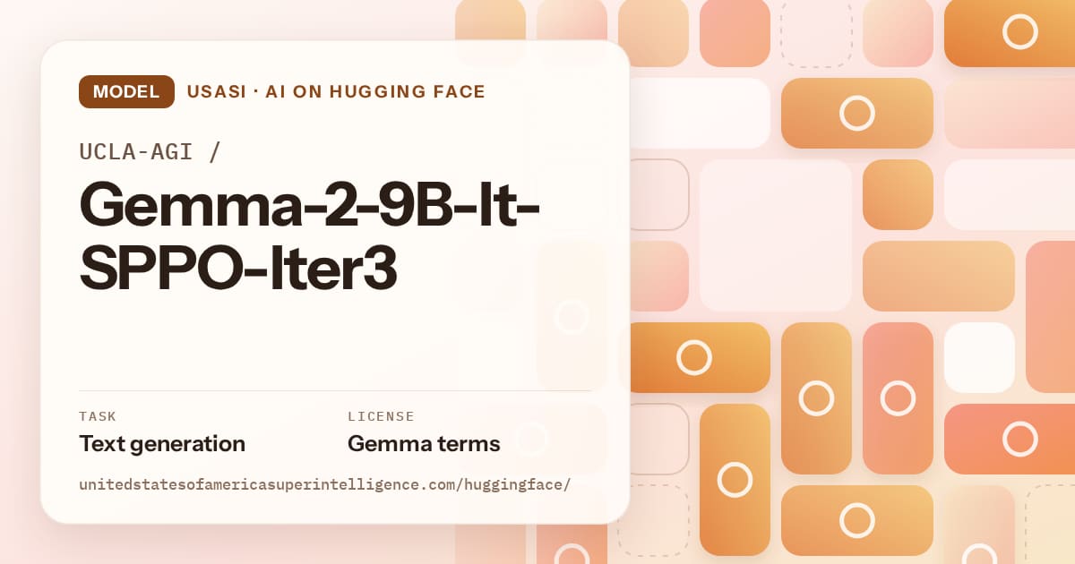 Generated orange tile-mosaic artwork for the model UCLA-AGI/Gemma-2-9B-It-SPPO-Iter3, labeled USASI · AI on Hugging Face, with Task: Text generation · License: Gemma terms.