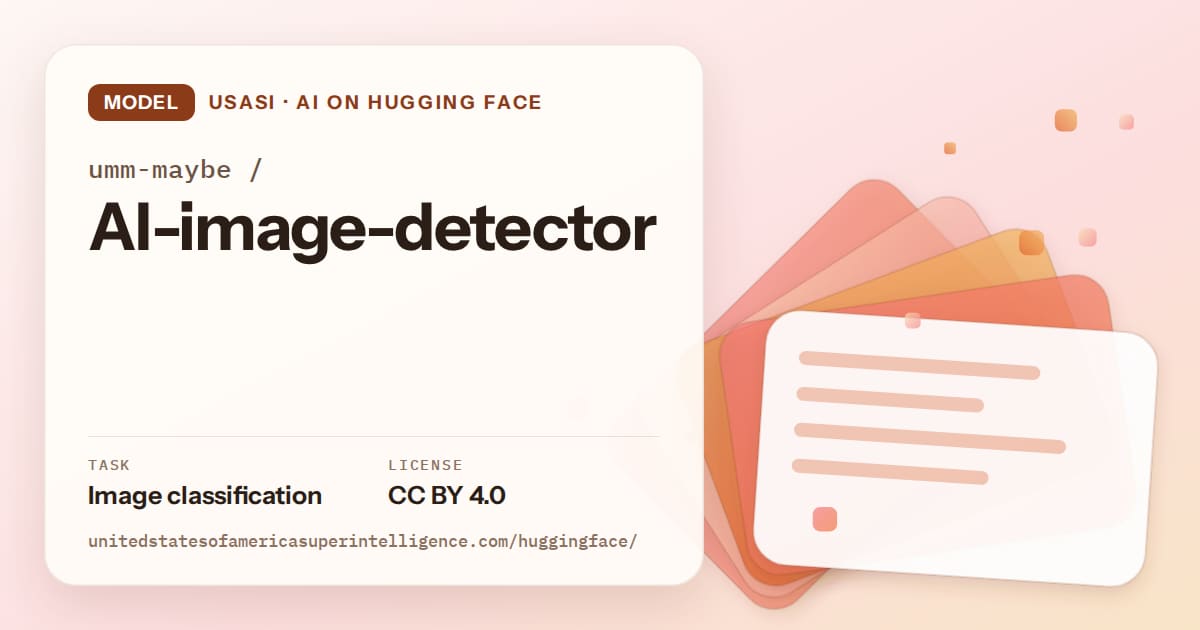 Generated tangerine layered-card artwork for the model umm-maybe/AI-image-detector, labeled USASI · AI on Hugging Face, with Task: Image classification · License: CC BY 4.0.