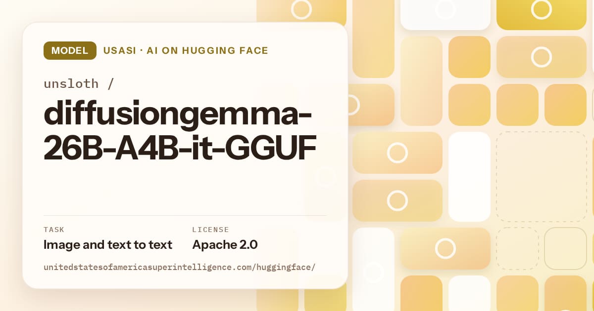 Generated gold tile-mosaic artwork for the model unsloth/diffusiongemma-26B-A4B-it-GGUF, labeled USASI · AI on Hugging Face, with Task: Image and text to text · License: Apache 2.0.