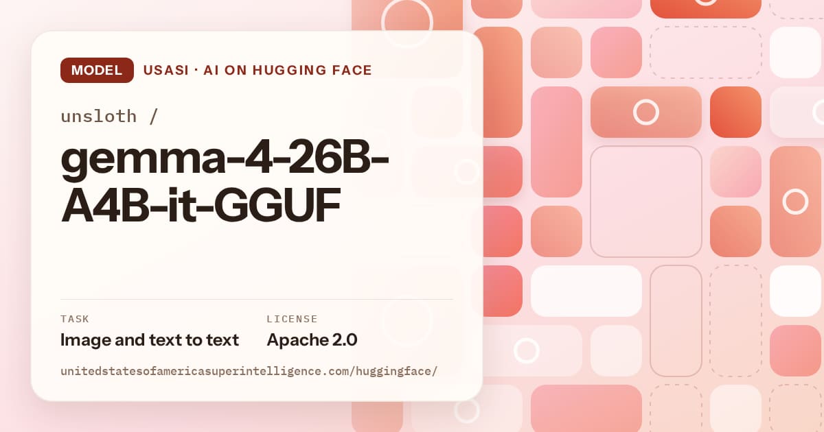 Generated coral tile-mosaic artwork for the model unsloth/gemma-4-26B-A4B-it-GGUF, labeled USASI · AI on Hugging Face, with Task: Image and text to text · License: Apache 2.0.