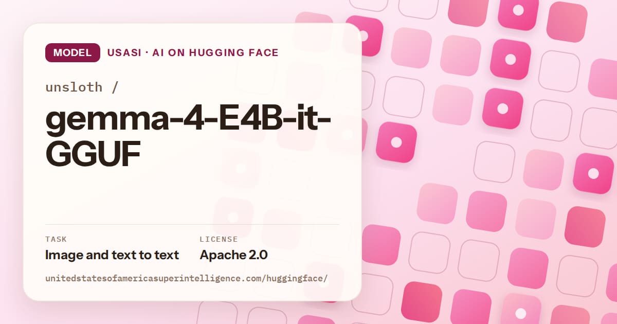 Generated rose rounded-tile grid artwork for the model unsloth/gemma-4-E4B-it-GGUF, labeled USASI · AI on Hugging Face, with Task: Image and text to text · License: Apache 2.0.