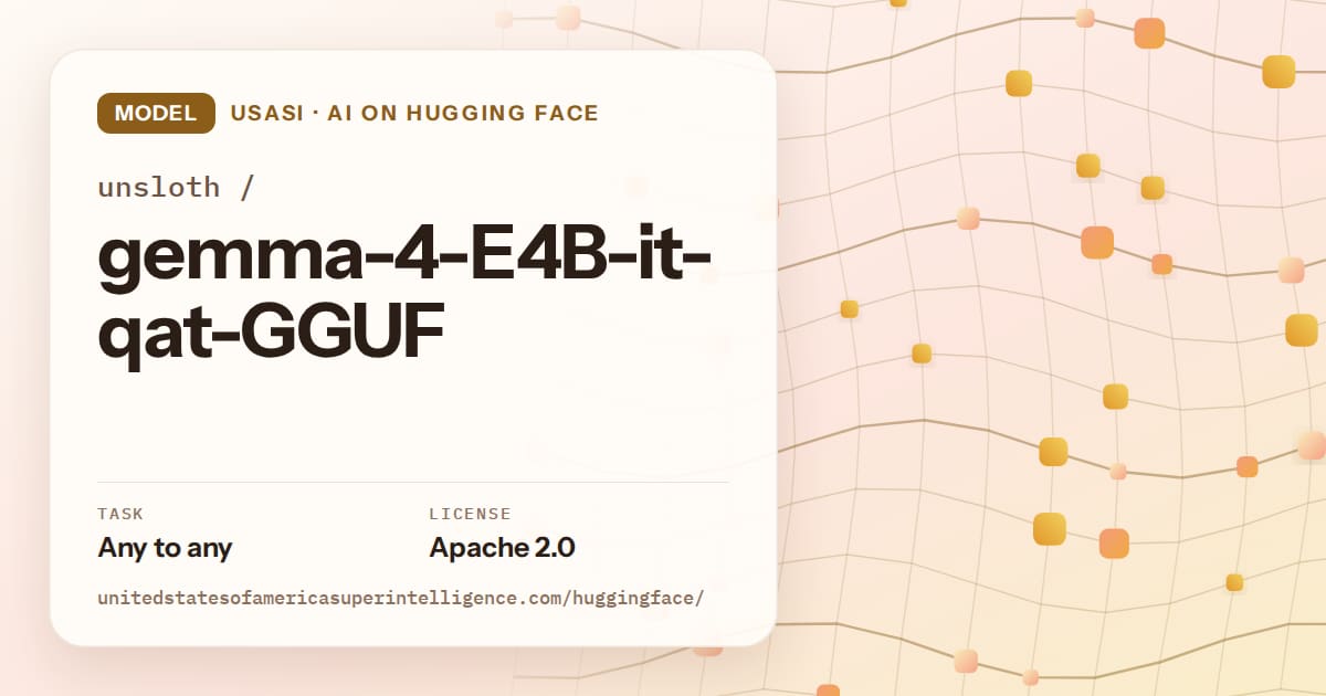 Generated amber wave-lattice artwork for the model unsloth/gemma-4-E4B-it-qat-GGUF, labeled USASI · AI on Hugging Face, with Task: Any to any · License: Apache 2.0.