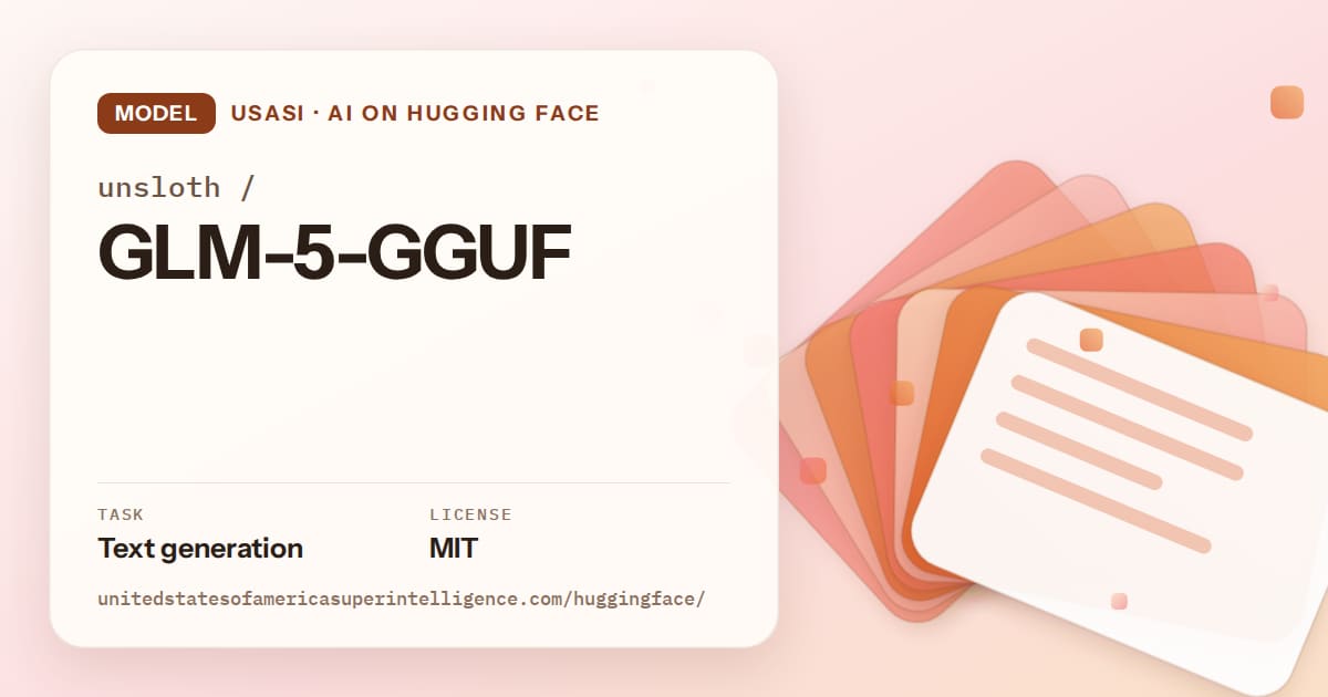 Generated tangerine layered-card artwork for the model unsloth/GLM-5-GGUF, labeled USASI · AI on Hugging Face, with Task: Text generation · License: MIT.