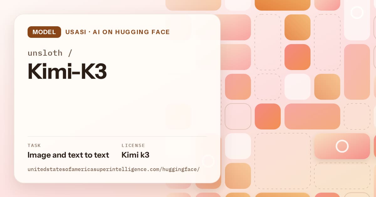 Generated orange tile-mosaic artwork for the model unsloth/Kimi-K3, labeled USASI · AI on Hugging Face, with Task: Image and text to text · License: Kimi k3.