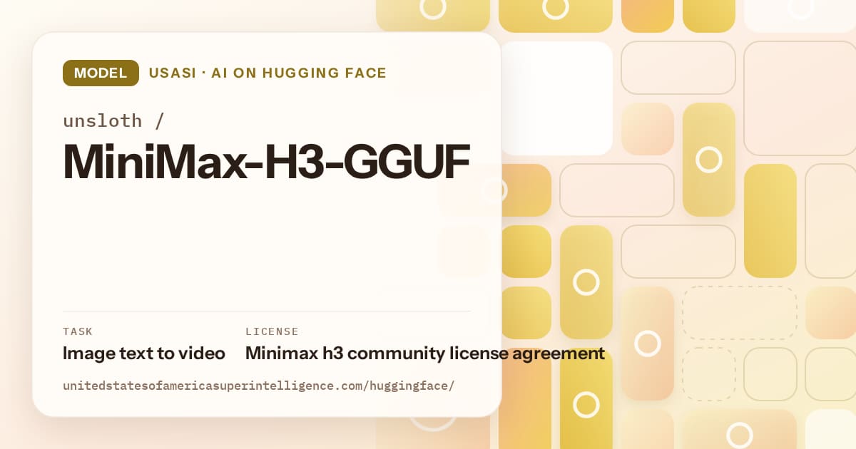Generated gold tile-mosaic artwork for the model unsloth/MiniMax-H3-GGUF, labeled USASI · AI on Hugging Face, with Task: Image text to video · License: Minimax h3 community license agreement.