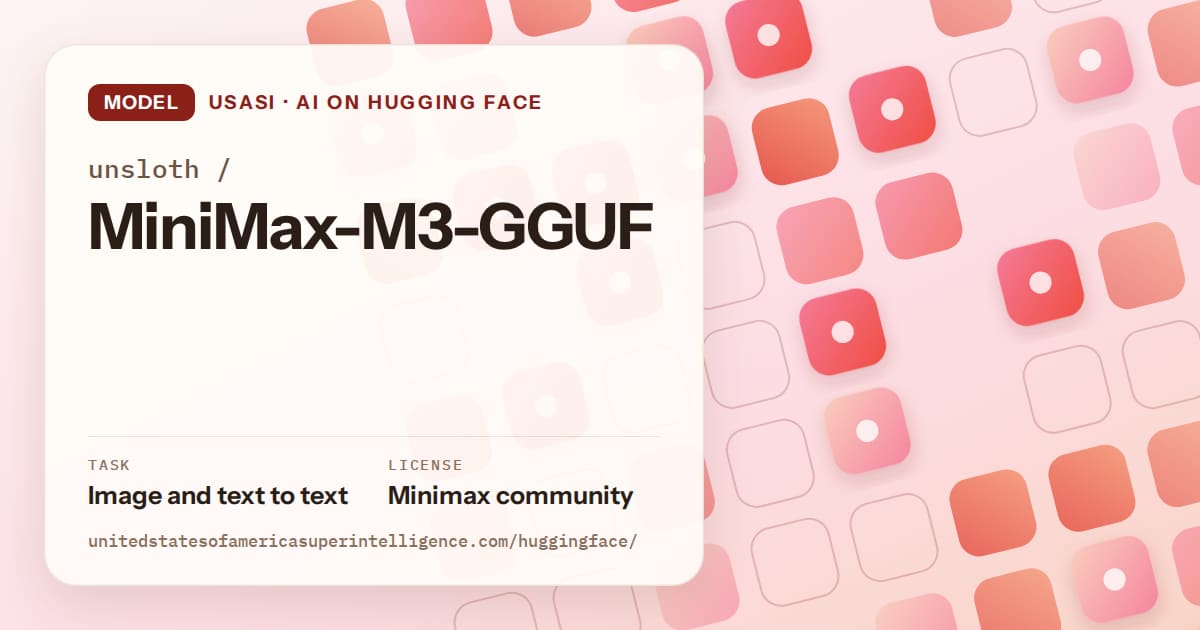 Generated coral rounded-tile grid artwork for the model unsloth/MiniMax-M3-GGUF, labeled USASI · AI on Hugging Face, with Task: Image and text to text · License: Minimax community.