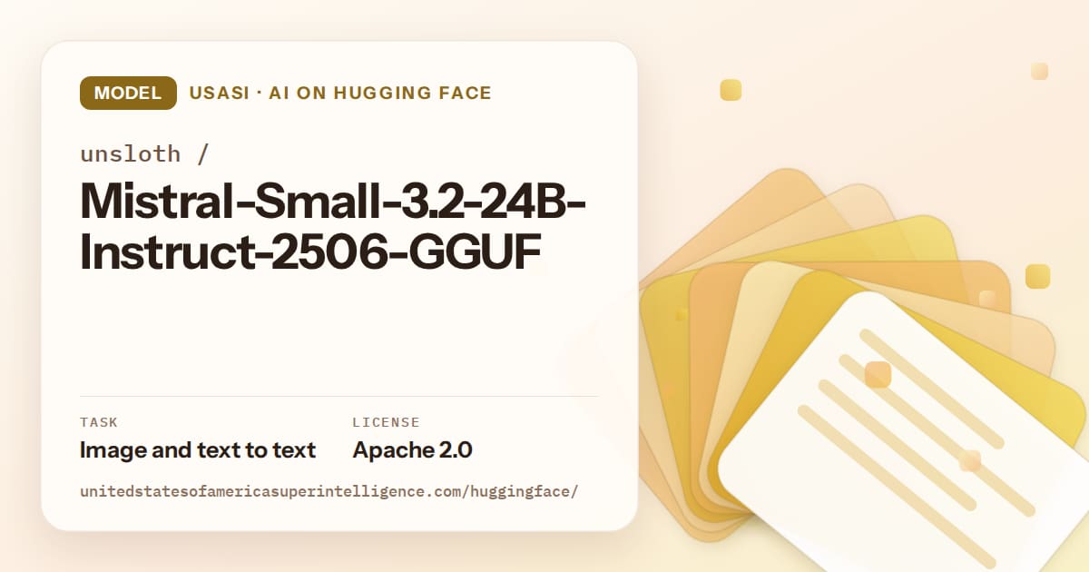 Generated amber layered-card artwork for the model unsloth/Mistral-Small-3.2-24B-Instruct-2506-GGUF, labeled USASI · AI on Hugging Face, with Task: Image and text to text · License: Apache 2.0.