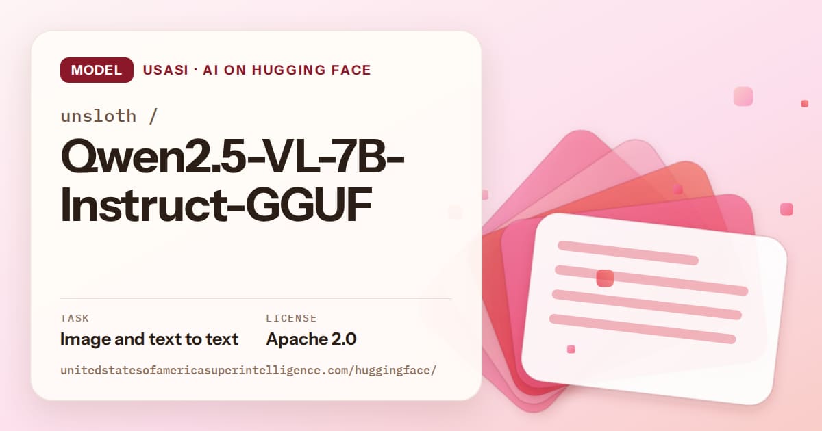 Generated coral layered-card artwork for the model unsloth/Qwen2.5-VL-7B-Instruct-GGUF, labeled USASI · AI on Hugging Face, with Task: Image and text to text · License: Apache 2.0.