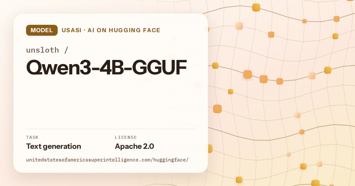 Generated amber wave-lattice artwork for the model unsloth/Qwen3-4B-GGUF, labeled USASI · AI on Hugging Face, with Task: Text generation · License: Apache 2.0.