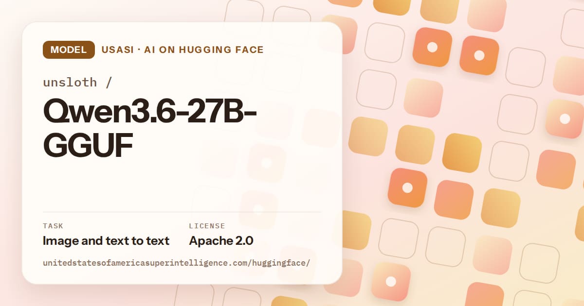 Generated orange rounded-tile grid artwork for the model unsloth/Qwen3.6-27B-GGUF, labeled USASI · AI on Hugging Face, with Task: Image and text to text · License: Apache 2.0.