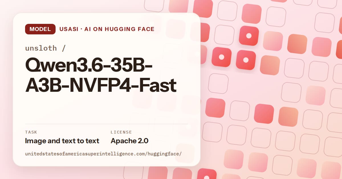 Generated coral rounded-tile grid artwork for the model unsloth/Qwen3.6-35B-A3B-NVFP4-Fast, labeled USASI · AI on Hugging Face, with Task: Image and text to text · License: Apache 2.0.