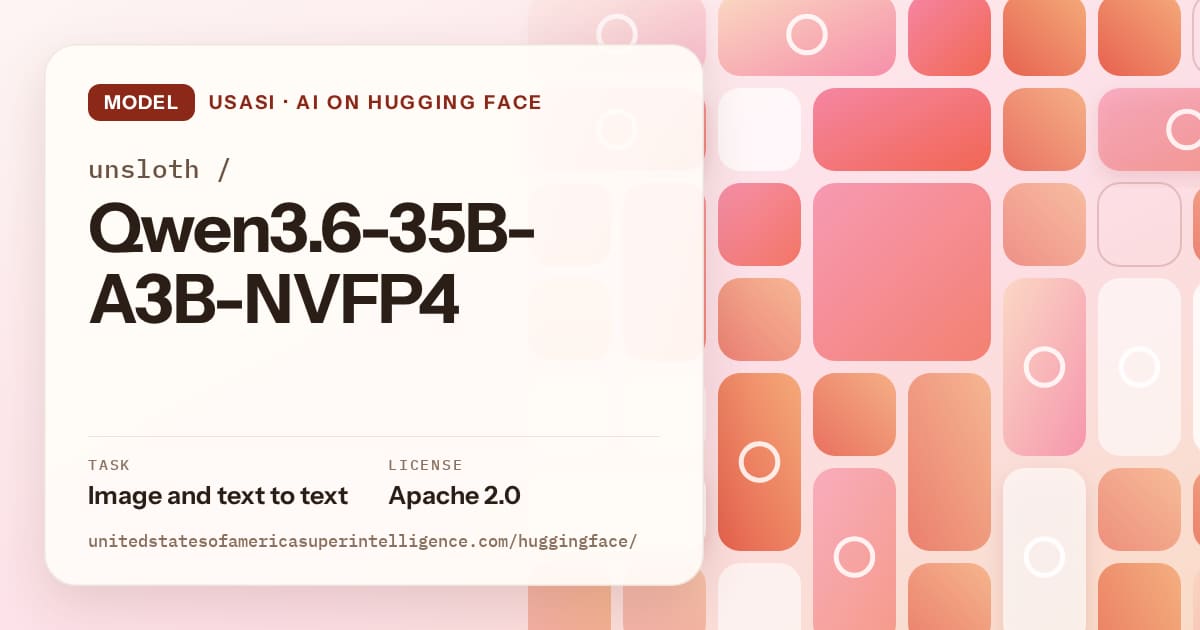Generated coral tile-mosaic artwork for the model unsloth/Qwen3.6-35B-A3B-NVFP4, labeled USASI · AI on Hugging Face, with Task: Image and text to text · License: Apache 2.0.