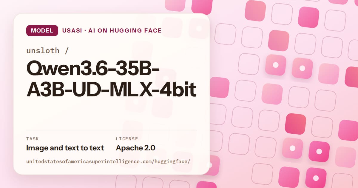 Generated rose rounded-tile grid artwork for the model unsloth/Qwen3.6-35B-A3B-UD-MLX-4bit, labeled USASI · AI on Hugging Face, with Task: Image and text to text · License: Apache 2.0.
