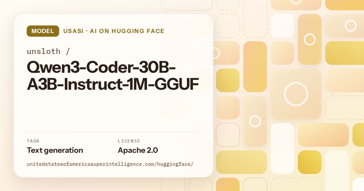Generated gold tile-mosaic artwork for the model unsloth/Qwen3-Coder-30B-A3B-Instruct-1M-GGUF, labeled USASI · AI on Hugging Face, with Task: Text generation · License: Apache 2.0.