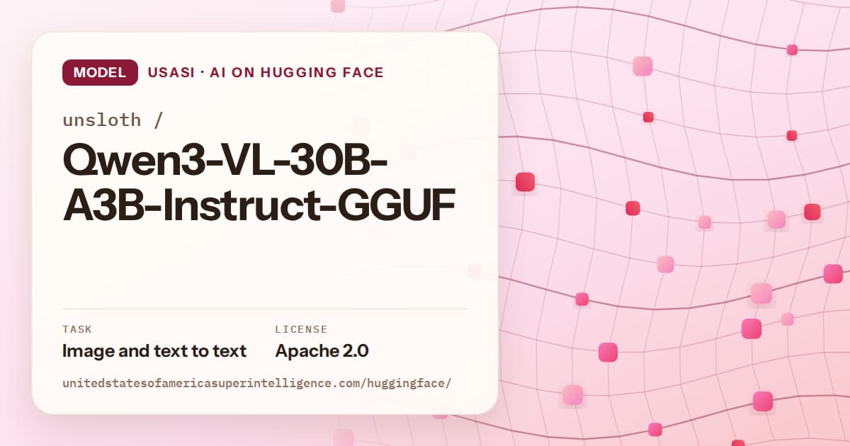 Generated rose wave-lattice artwork for the model unsloth/Qwen3-VL-30B-A3B-Instruct-GGUF, labeled USASI · AI on Hugging Face, with Task: Image and text to text · License: Apache 2.0.
