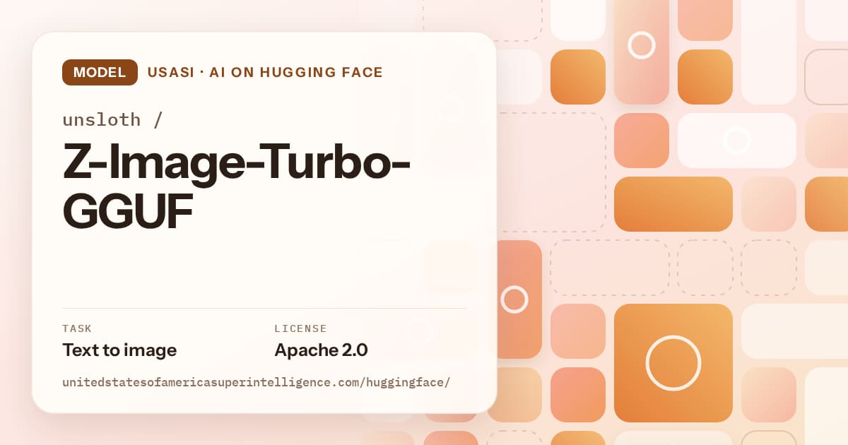 Generated orange tile-mosaic artwork for the model unsloth/Z-Image-Turbo-GGUF, labeled USASI · AI on Hugging Face, with Task: Text to image · License: Apache 2.0.