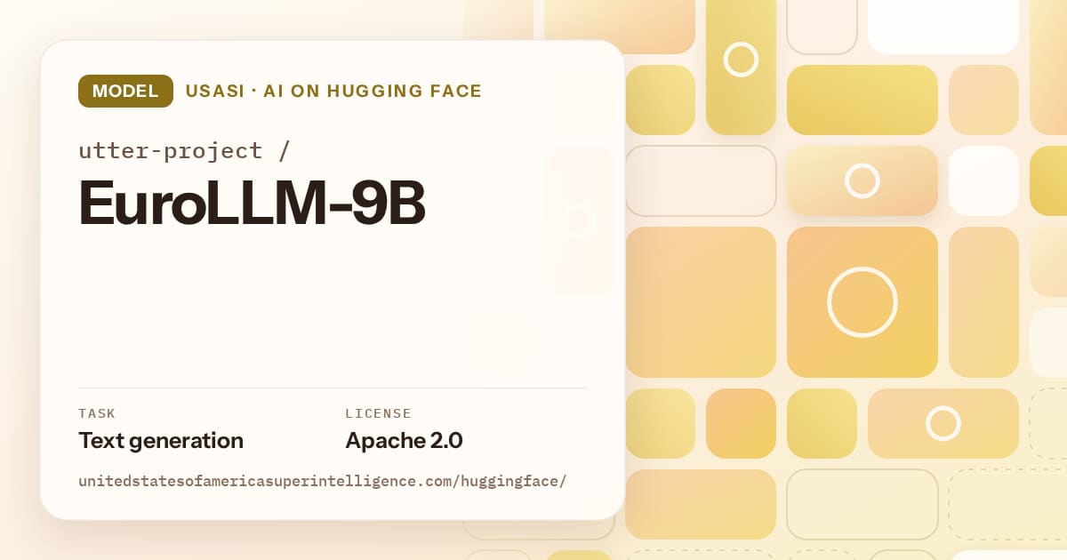Generated gold tile-mosaic artwork for the model utter-project/EuroLLM-9B, labeled USASI · AI on Hugging Face, with Task: Text generation · License: Apache 2.0.