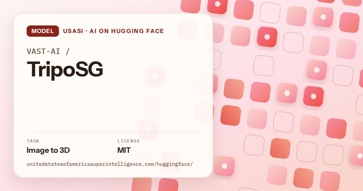 Generated coral rounded-tile grid artwork for the model VAST-AI/TripoSG, labeled USASI · AI on Hugging Face, with Task: Image to 3D · License: MIT.