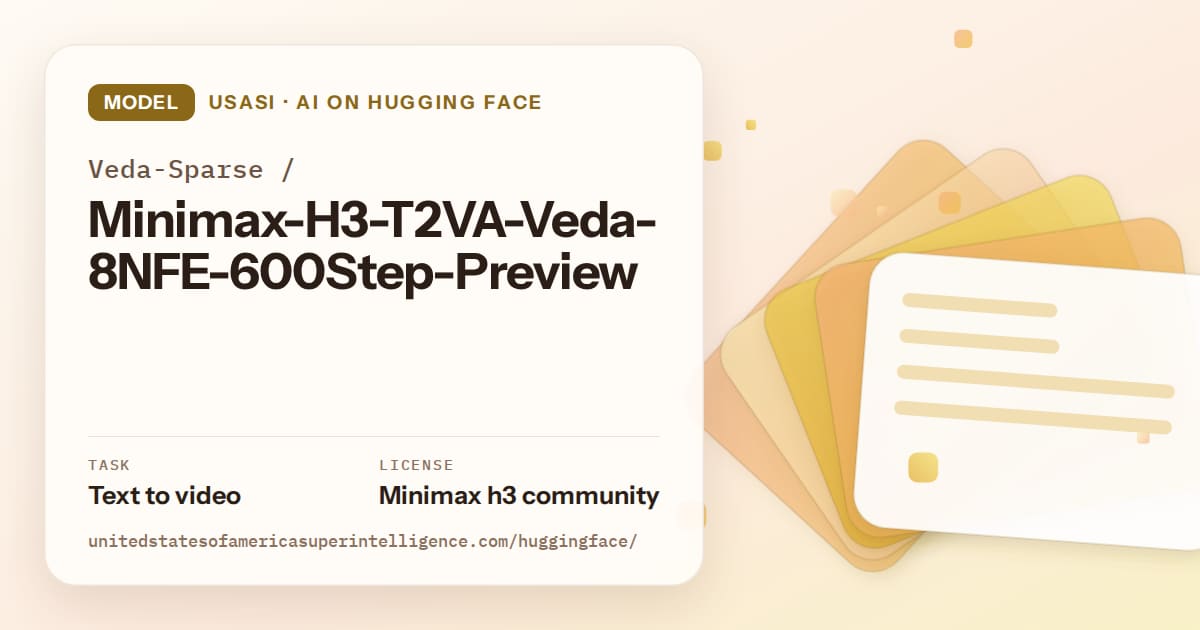 Generated amber layered-card artwork for the model Veda-Sparse/Minimax-H3-T2VA-Veda-8NFE-600Step-Preview, labeled USASI · AI on Hugging Face, with Task: Text to video · License: Minimax h3 community.