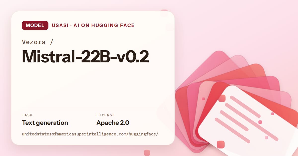 Generated coral layered-card artwork for the model Vezora/Mistral-22B-v0.2, labeled USASI · AI on Hugging Face, with Task: Text generation · License: Apache 2.0.