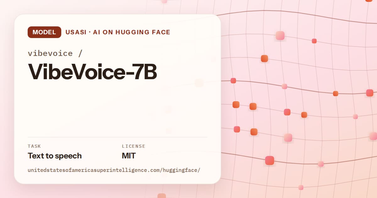 Generated tangerine wave-lattice artwork for the model vibevoice/VibeVoice-7B, labeled USASI · AI on Hugging Face, with Task: Text to speech · License: MIT.