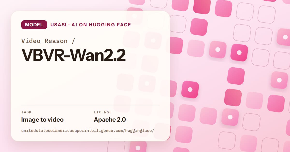 Generated rose rounded-tile grid artwork for the model Video-Reason/VBVR-Wan2.2, labeled USASI · AI on Hugging Face, with Task: Image to video · License: Apache 2.0.