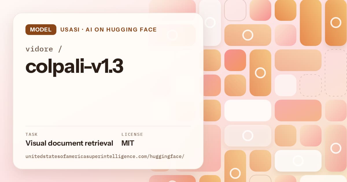 Generated orange tile-mosaic artwork for the model vidore/colpali-v1.3, labeled USASI · AI on Hugging Face, with Task: Visual document retrieval · License: MIT.
