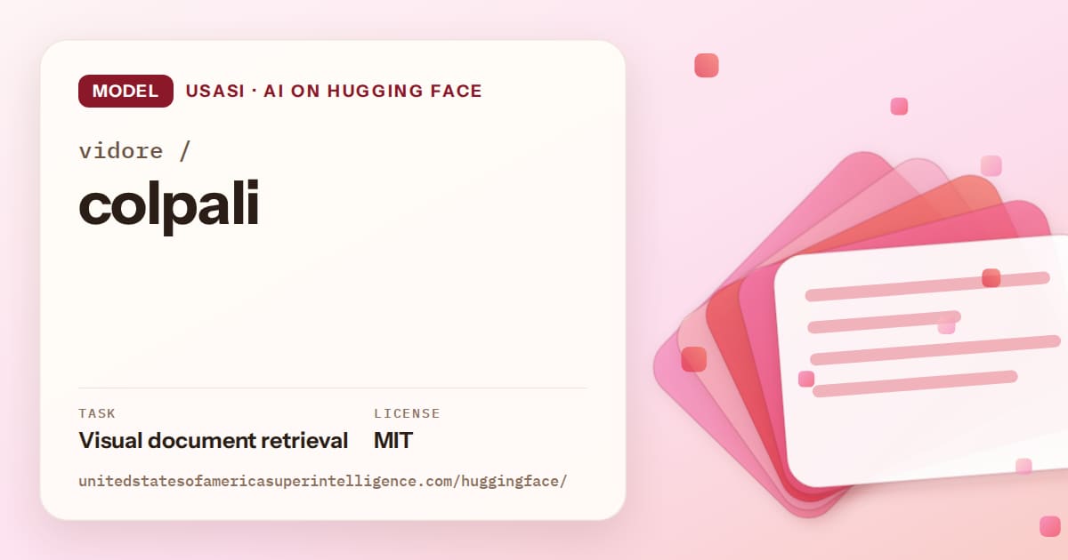 Generated coral layered-card artwork for the model vidore/colpali, labeled USASI · AI on Hugging Face, with Task: Visual document retrieval · License: MIT.