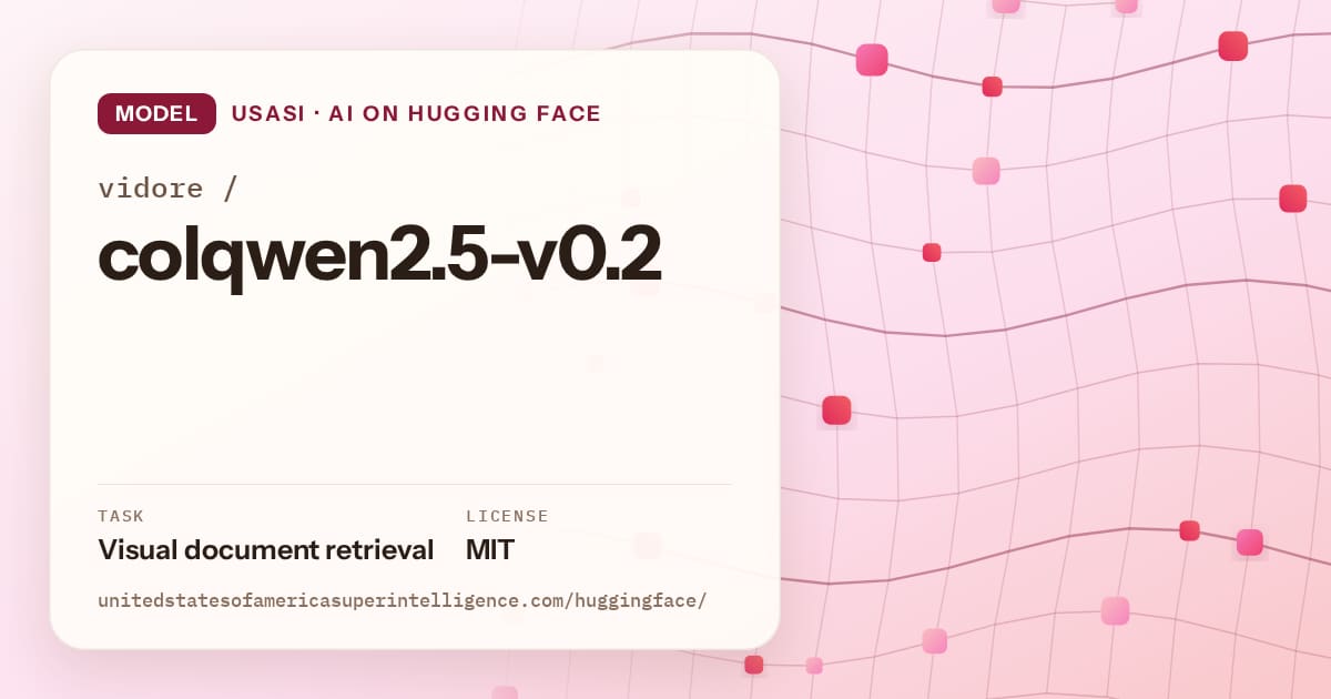 Generated rose wave-lattice artwork for the model vidore/colqwen2.5-v0.2, labeled USASI · AI on Hugging Face, with Task: Visual document retrieval · License: MIT.