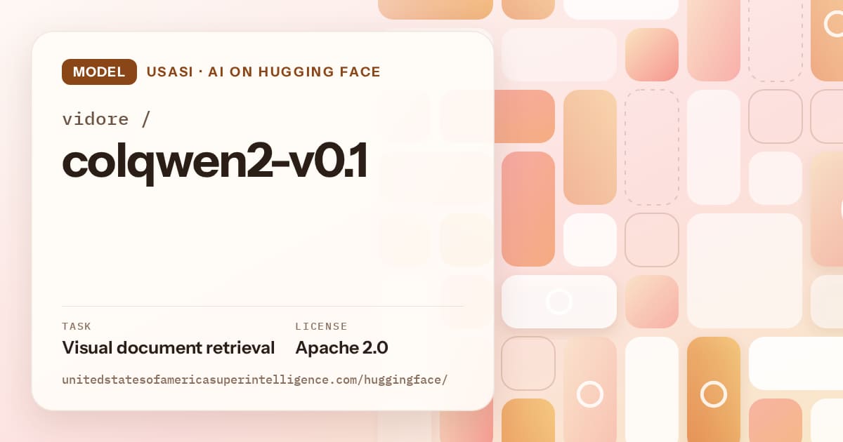 Generated orange tile-mosaic artwork for the model vidore/colqwen2-v0.1, labeled USASI · AI on Hugging Face, with Task: Visual document retrieval · License: Apache 2.0.