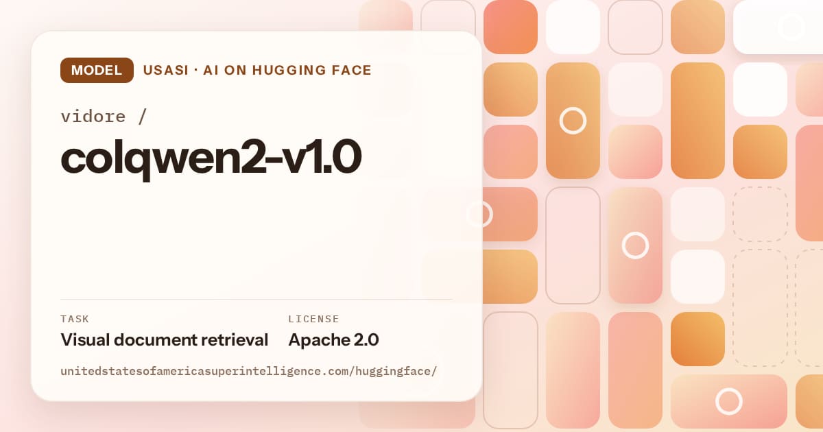 Generated orange tile-mosaic artwork for the model vidore/colqwen2-v1.0, labeled USASI · AI on Hugging Face, with Task: Visual document retrieval · License: Apache 2.0.