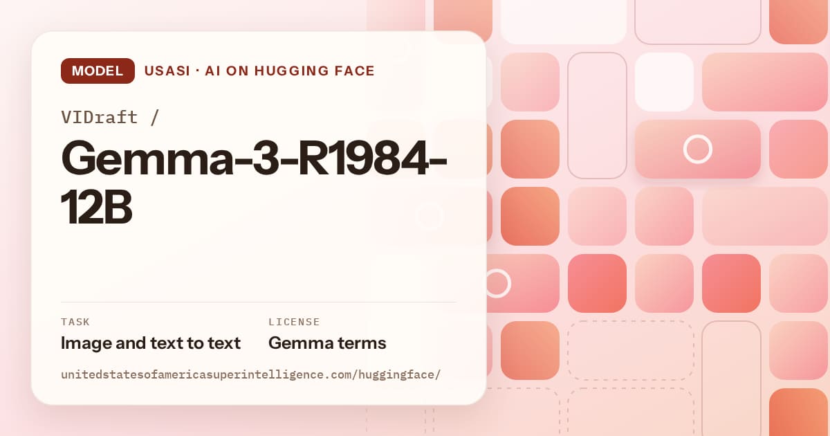 Generated coral tile-mosaic artwork for the model VIDraft/Gemma-3-R1984-12B, labeled USASI · AI on Hugging Face, with Task: Image and text to text · License: Gemma terms.