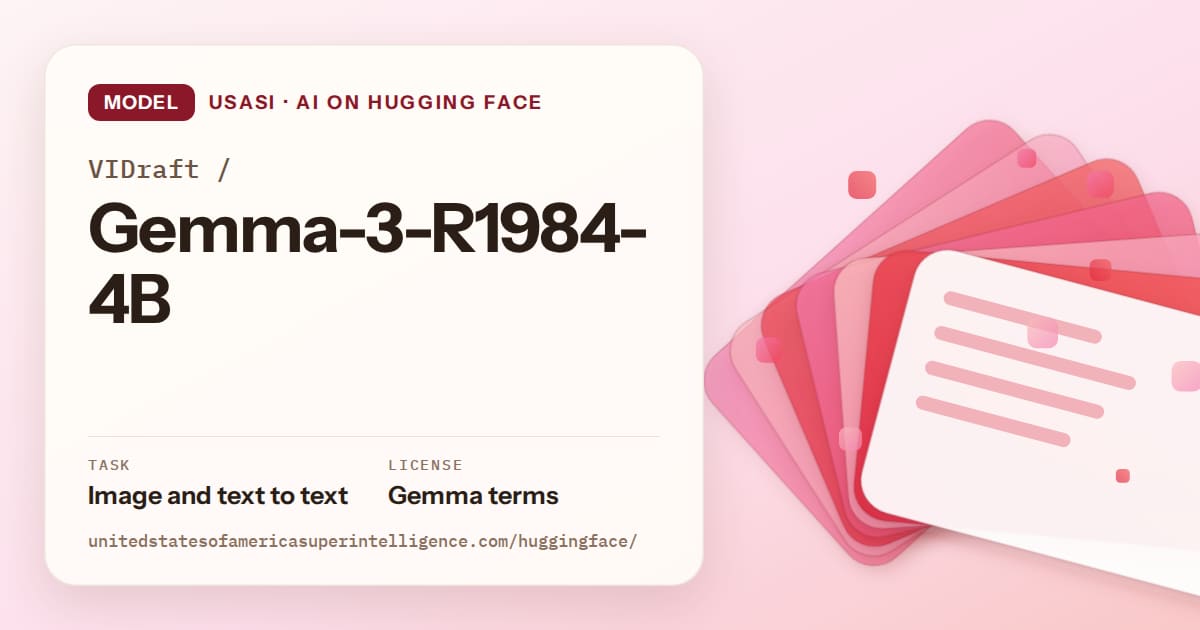 Generated coral layered-card artwork for the model VIDraft/Gemma-3-R1984-4B, labeled USASI · AI on Hugging Face, with Task: Image and text to text · License: Gemma terms.