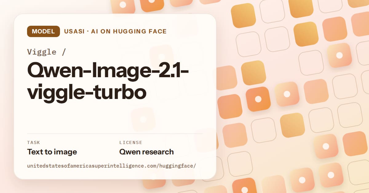 Generated orange rounded-tile grid artwork for the model Viggle/Qwen-Image-2.1-viggle-turbo, labeled USASI · AI on Hugging Face, with Task: Text to image · License: Qwen research.