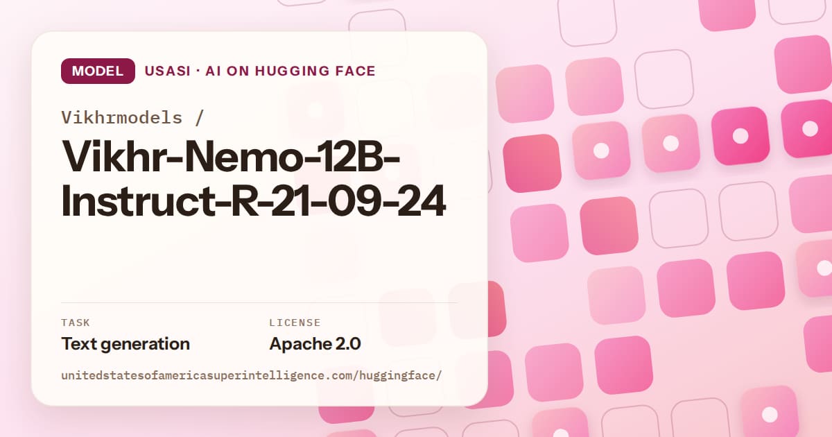 Generated rose rounded-tile grid artwork for the model Vikhrmodels/Vikhr-Nemo-12B-Instruct-R-21-09-24, labeled USASI · AI on Hugging Face, with Task: Text generation · License: Apache 2.0.