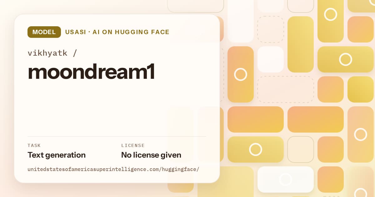 Generated gold tile-mosaic artwork for the model vikhyatk/moondream1, labeled USASI · AI on Hugging Face, with Task: Text generation · License: No license given.