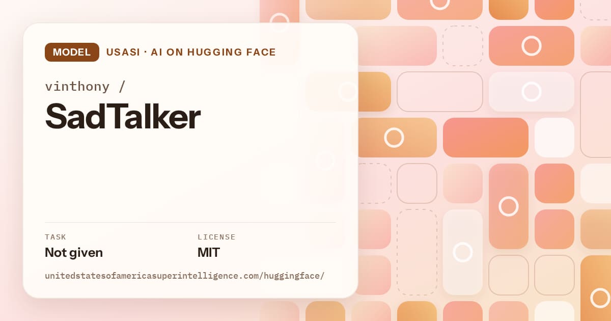 Generated orange tile-mosaic artwork for the model vinthony/SadTalker, labeled USASI · AI on Hugging Face, with Task: Not given · License: MIT.