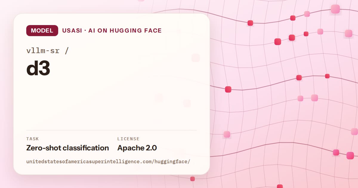 Generated rose wave-lattice artwork for the model vllm-sr/d3, labeled USASI · AI on Hugging Face, with Task: Zero-shot classification · License: Apache 2.0.