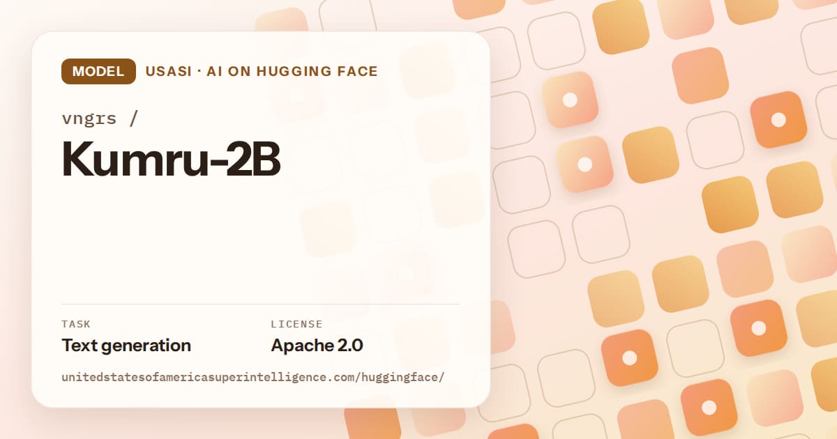 Generated orange rounded-tile grid artwork for the model vngrs/Kumru-2B, labeled USASI · AI on Hugging Face, with Task: Text generation · License: Apache 2.0.