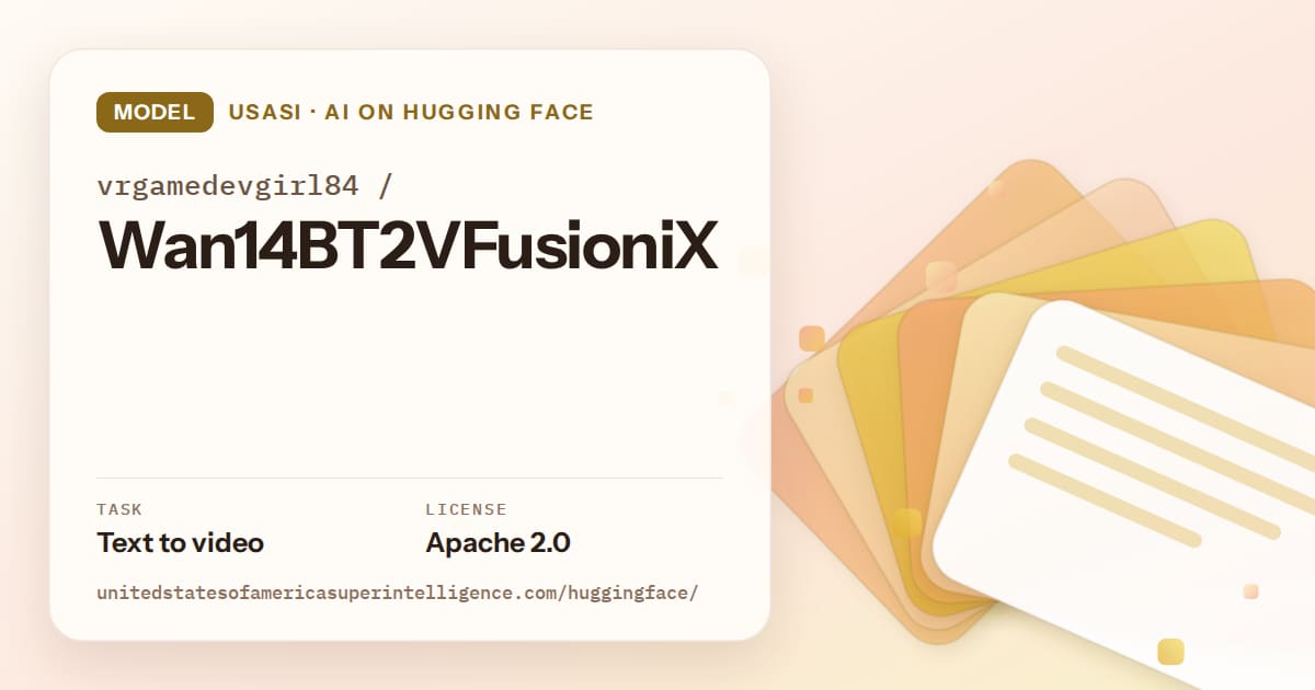Generated amber layered-card artwork for the model vrgamedevgirl84/Wan14BT2VFusioniX, labeled USASI · AI on Hugging Face, with Task: Text to video · License: Apache 2.0.