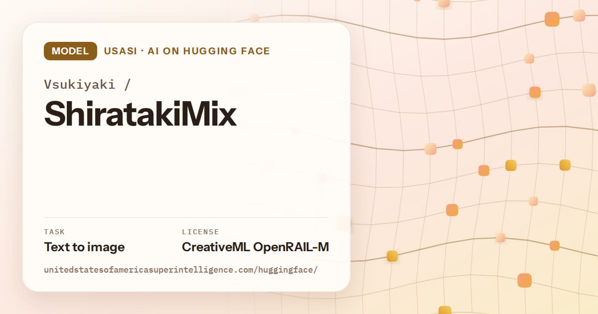 Generated amber wave-lattice artwork for the model Vsukiyaki/ShiratakiMix, labeled USASI · AI on Hugging Face, with Task: Text to image · License: CreativeML OpenRAIL-M.