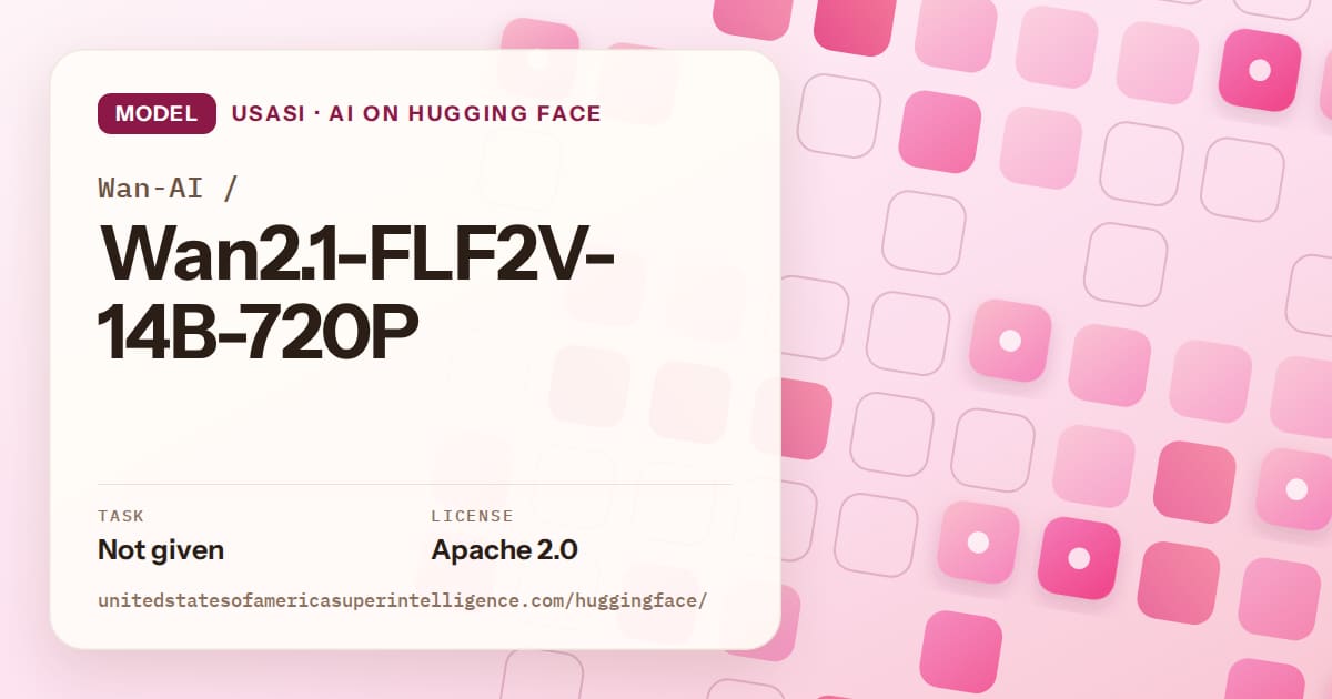 Generated rose rounded-tile grid artwork for the model Wan-AI/Wan2.1-FLF2V-14B-720P, labeled USASI · AI on Hugging Face, with Task: Not given · License: Apache 2.0.