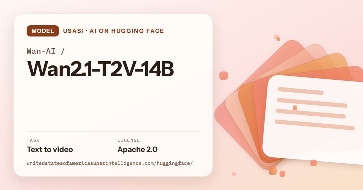 Generated tangerine layered-card artwork for the model Wan-AI/Wan2.1-T2V-14B, labeled USASI · AI on Hugging Face, with Task: Text to video · License: Apache 2.0.