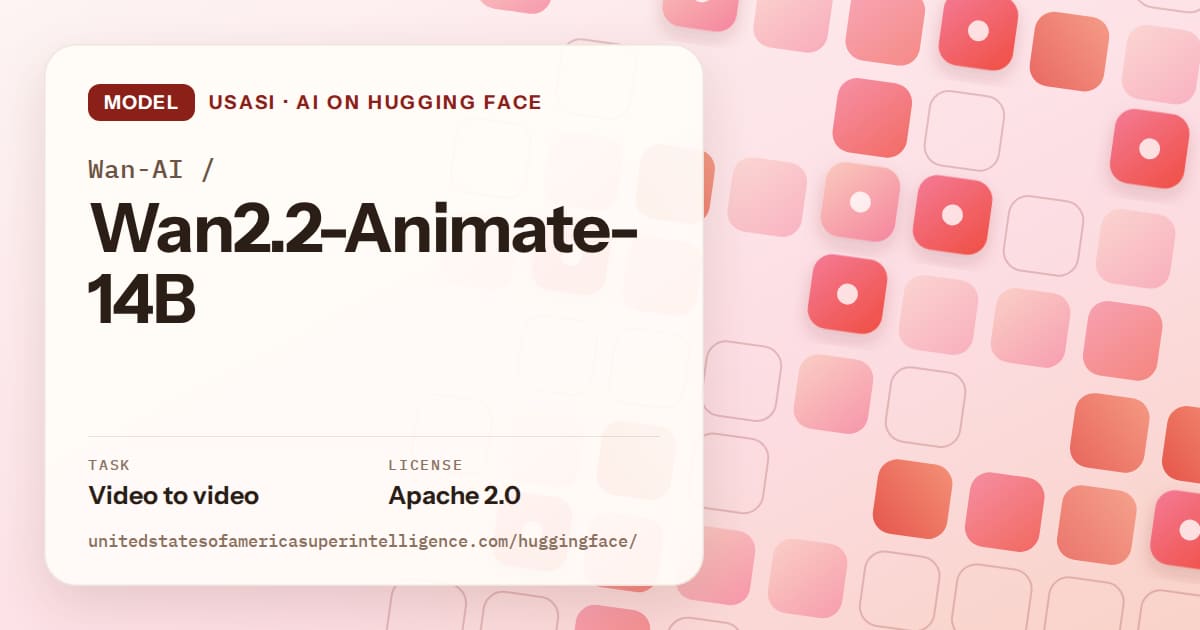 Generated coral rounded-tile grid artwork for the model Wan-AI/Wan2.2-Animate-14B, labeled USASI · AI on Hugging Face, with Task: Video to video · License: Apache 2.0.