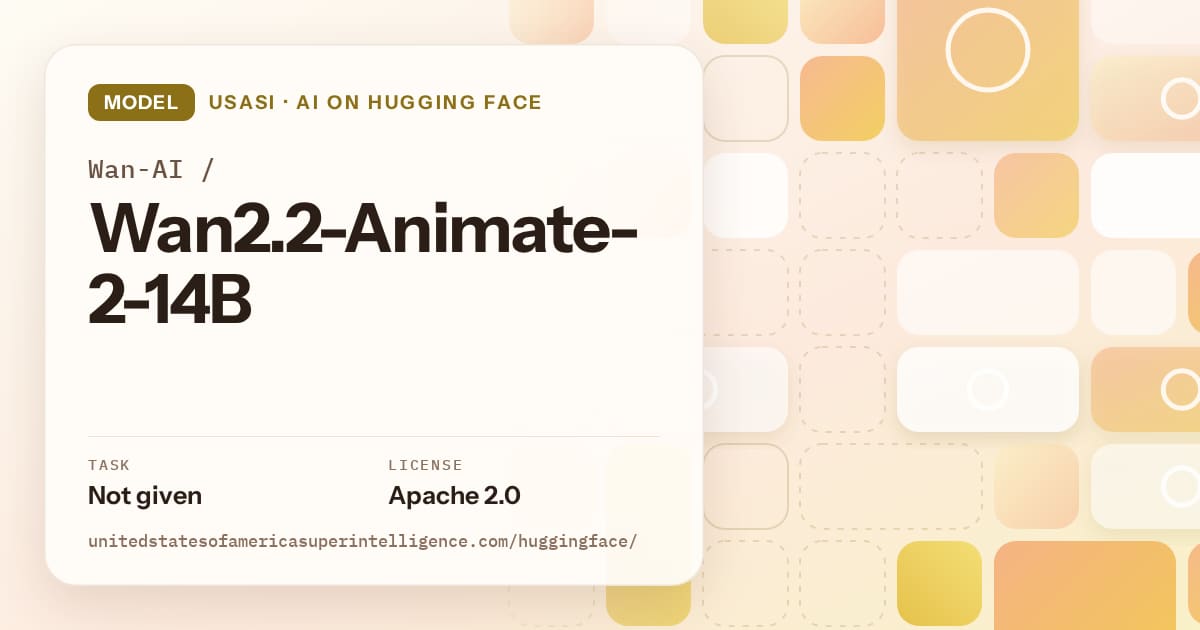 Generated gold tile-mosaic artwork for the model Wan-AI/Wan2.2-Animate-2-14B, labeled USASI · AI on Hugging Face, with Task: Not given · License: Apache 2.0.