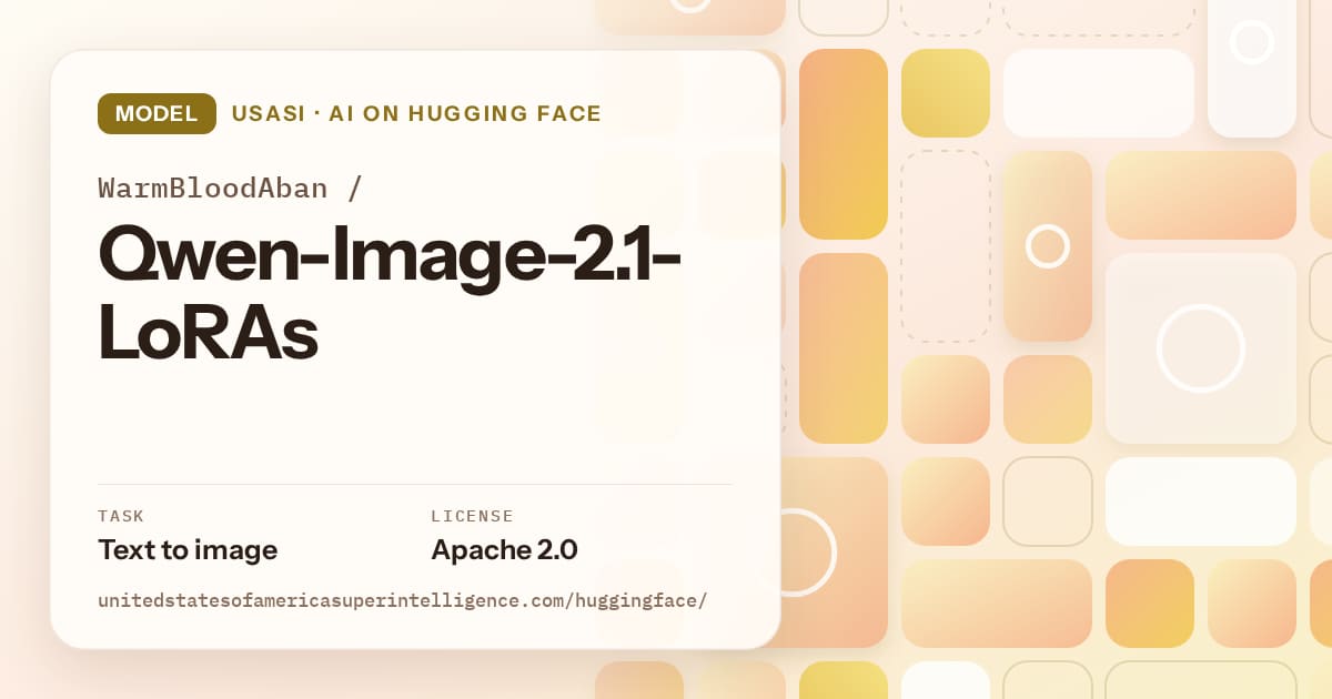 Generated gold tile-mosaic artwork for the model WarmBloodAban/Qwen-Image-2.1-LoRAs, labeled USASI · AI on Hugging Face, with Task: Text to image · License: Apache 2.0.
