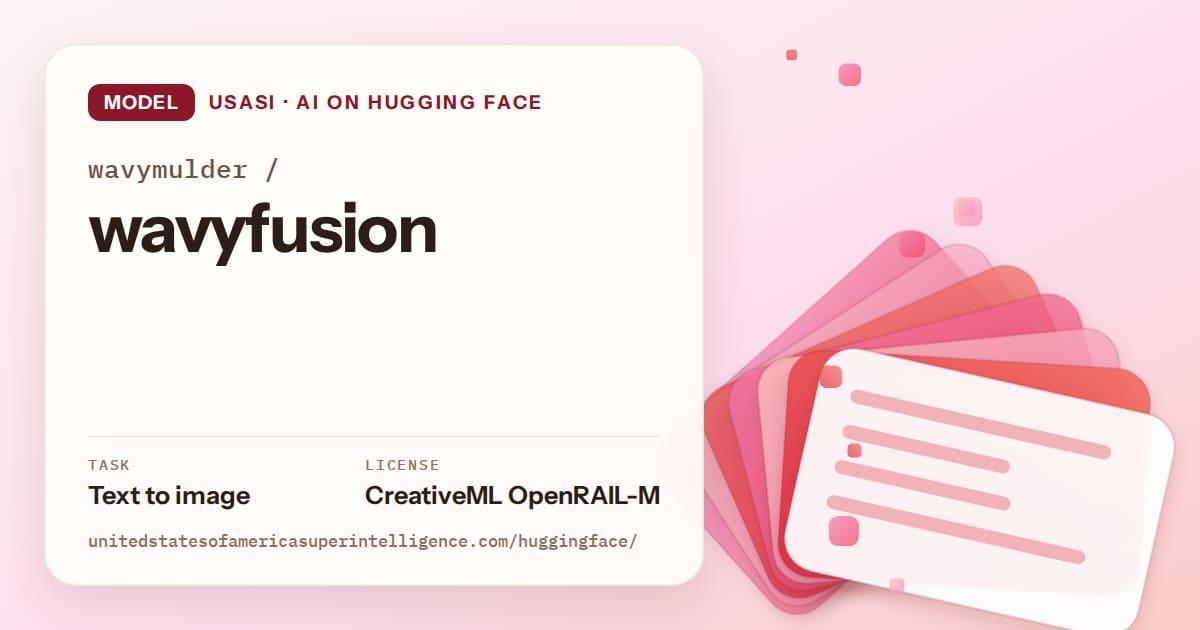 Generated coral layered-card artwork for the model wavymulder/wavyfusion, labeled USASI · AI on Hugging Face, with Task: Text to image · License: CreativeML OpenRAIL-M.
