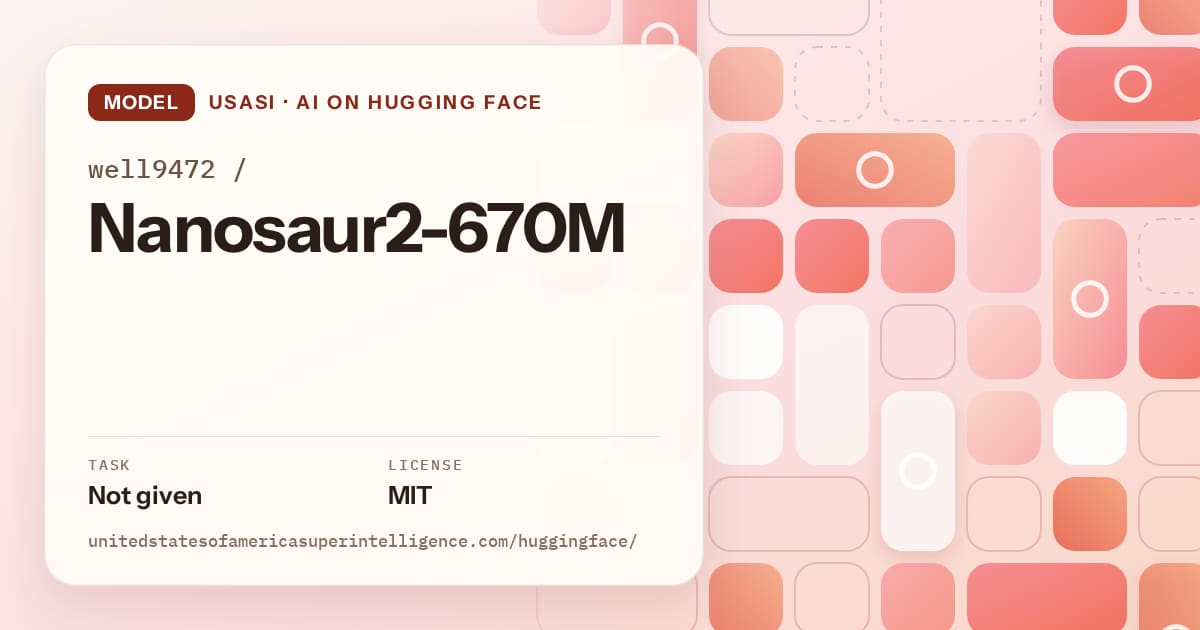 Generated coral tile-mosaic artwork for the model well9472/Nanosaur2-670M, labeled USASI · AI on Hugging Face, with Task: Not given · License: MIT.