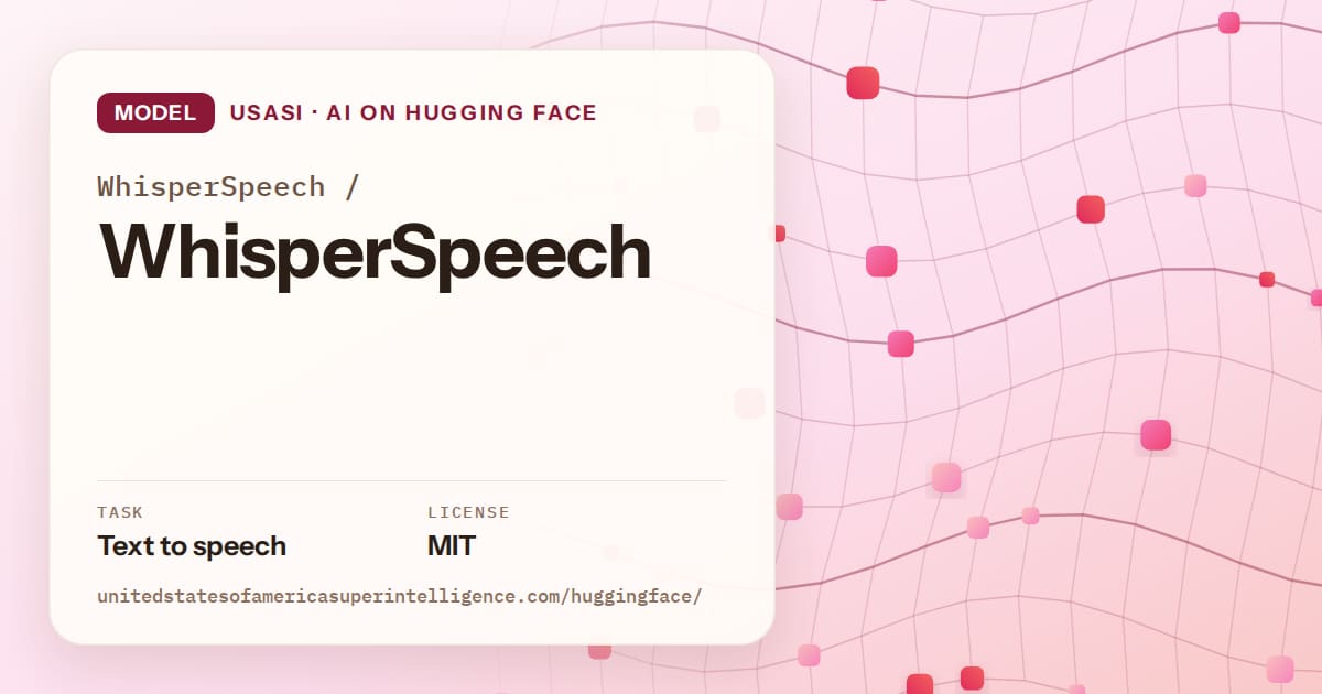 Generated rose wave-lattice artwork for the model WhisperSpeech/WhisperSpeech, labeled USASI · AI on Hugging Face, with Task: Text to speech · License: MIT.